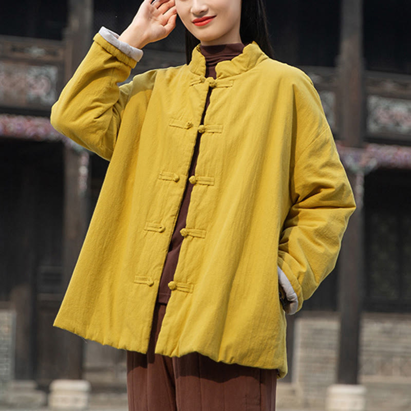 Winter Solid Frog-Button Long Sleeve Cotton Women's Thermal Jacket With Pockets