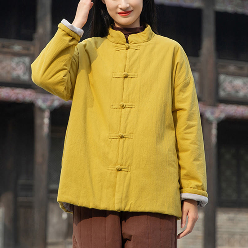 Winter Solid Frog-Button Long Sleeve Cotton Women's Thermal Jacket With Pockets