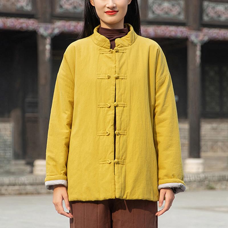 Winter Solid Frog-Button Long Sleeve Cotton Women's Thermal Jacket With Pockets