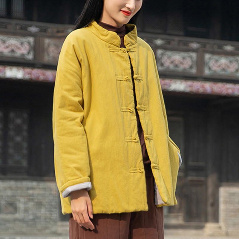 Winter Solid Frog-Button Long Sleeve Cotton Women's Thermal Jacket With Pockets