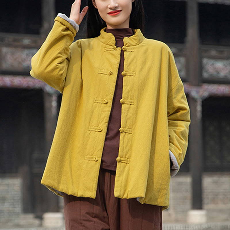 Winter Solid Frog-Button Long Sleeve Cotton Women's Thermal Jacket With Pockets