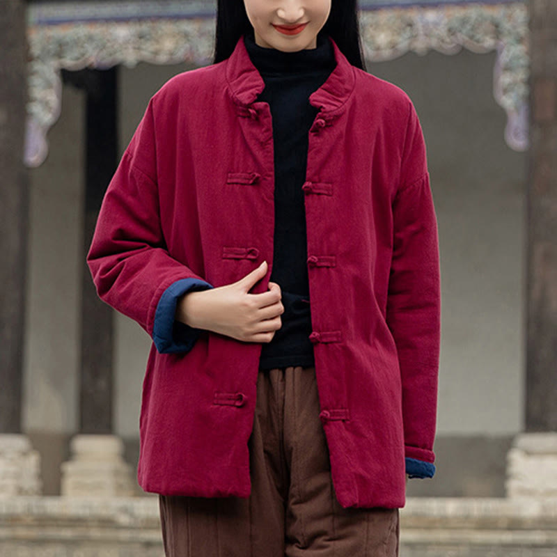 Winter Solid Frog-Button Long Sleeve Cotton Women's Thermal Jacket With Pockets