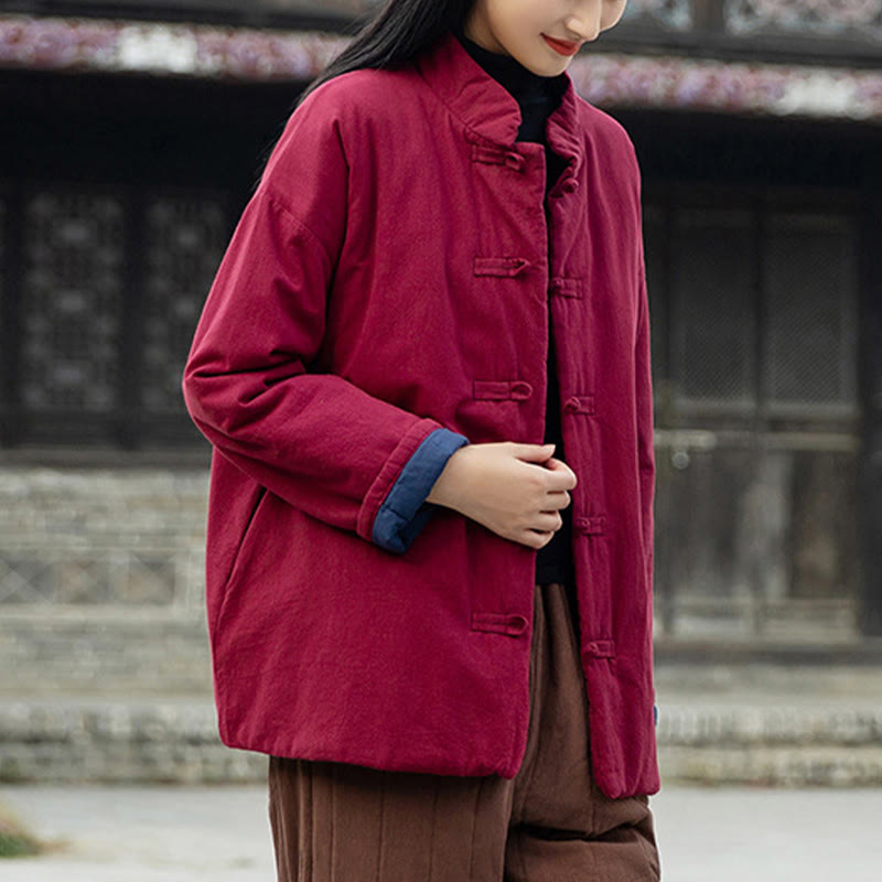 Winter Solid Frog-Button Long Sleeve Cotton Women's Thermal Jacket With Pockets