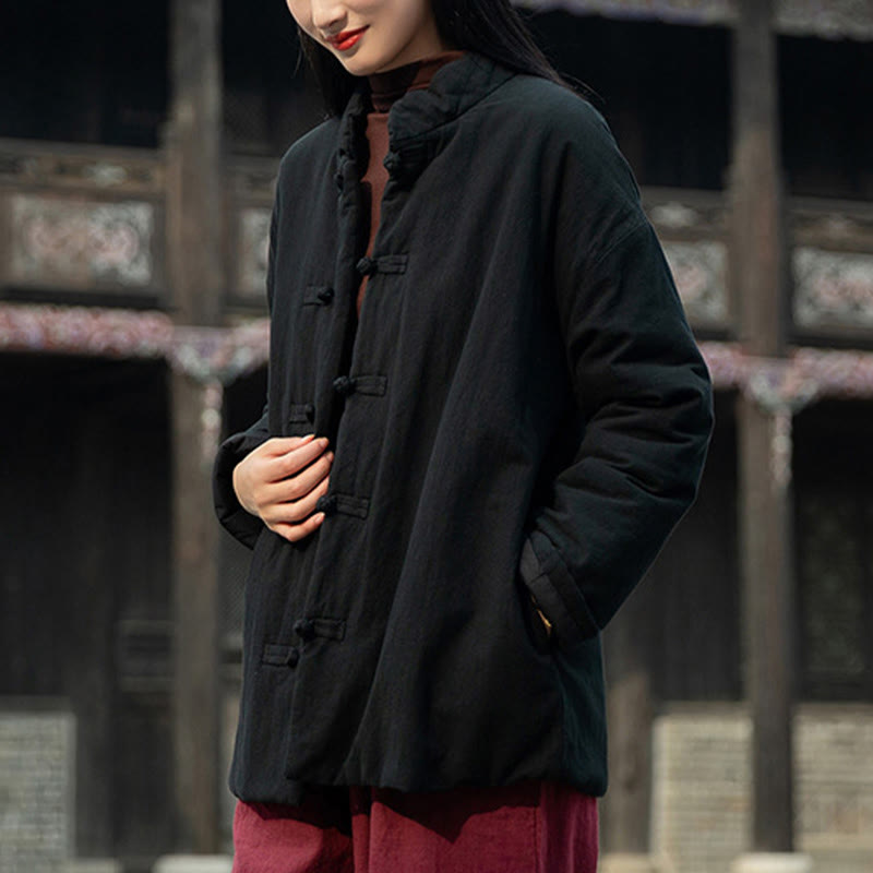 Winter Solid Frog-Button Long Sleeve Cotton Women's Thermal Jacket With Pockets