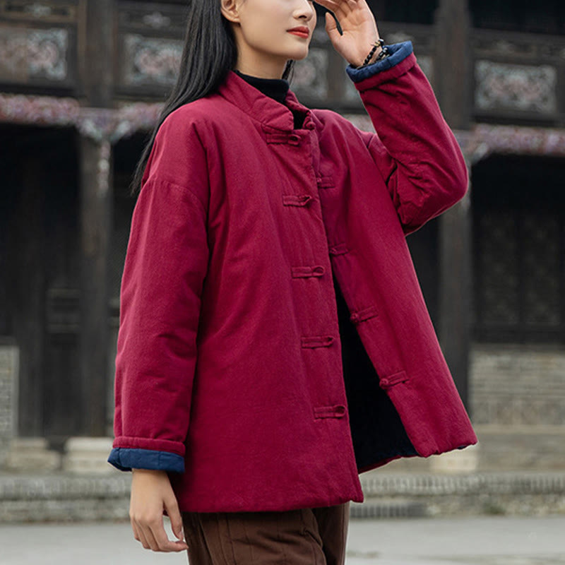 Winter Solid Frog-Button Long Sleeve Cotton Women's Thermal Jacket With Pockets