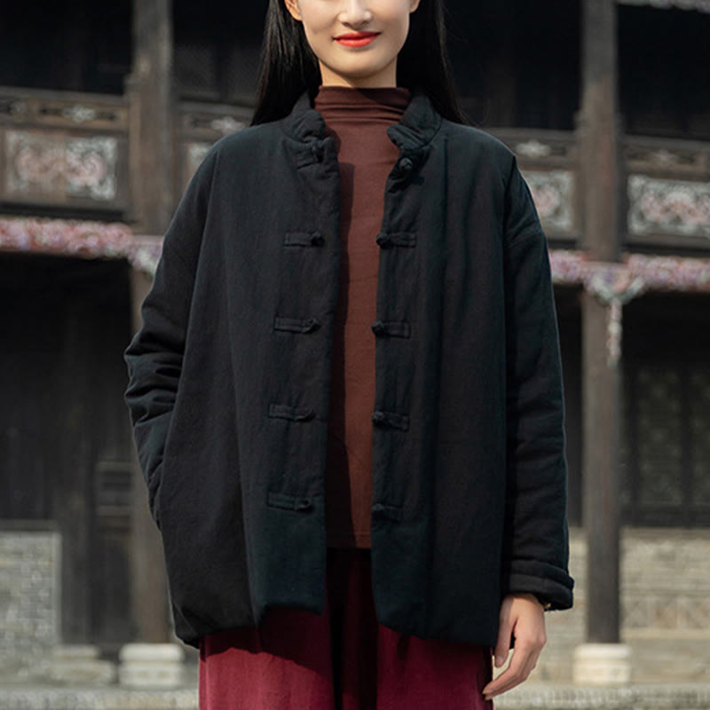 Winter Solid Frog-Button Long Sleeve Cotton Women's Thermal Jacket With Pockets