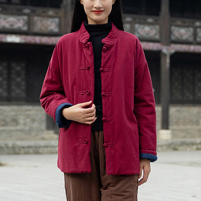 Winter Solid Frog-Button Long Sleeve Cotton Women's Thermal Jacket With Pockets