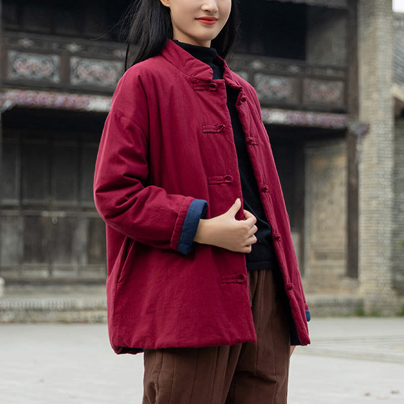 Winter Solid Frog-Button Long Sleeve Cotton Women's Thermal Jacket With Pockets