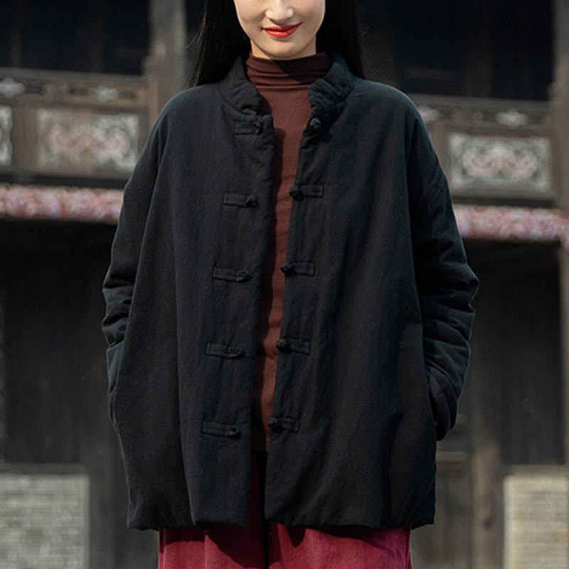 Winter Solid Frog-Button Long Sleeve Cotton Women's Thermal Jacket With Pockets