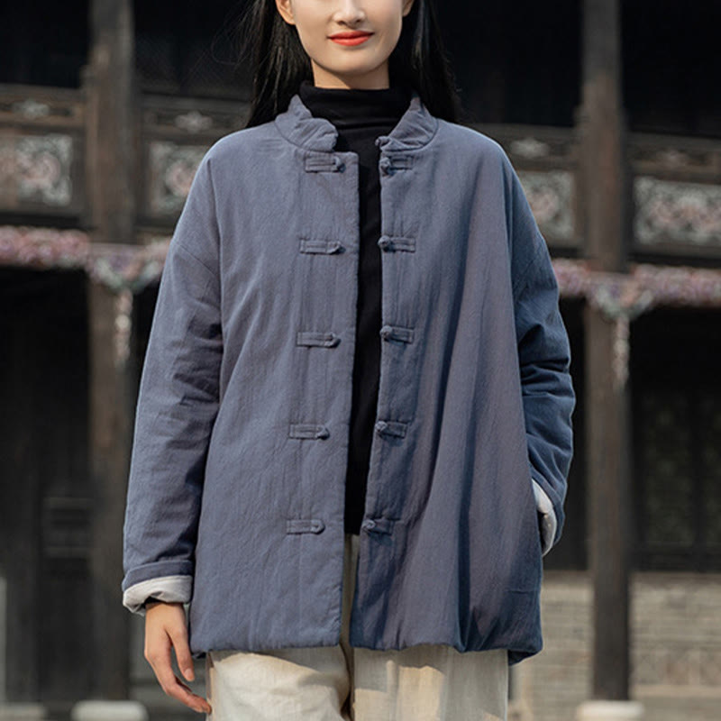 Winter Solid Frog-Button Long Sleeve Cotton Women's Thermal Jacket With Pockets