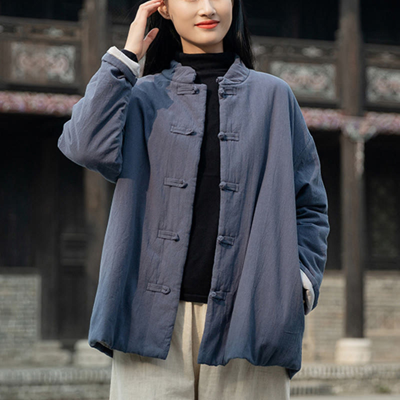 Winter Solid Frog-Button Long Sleeve Cotton Women's Thermal Jacket With Pockets