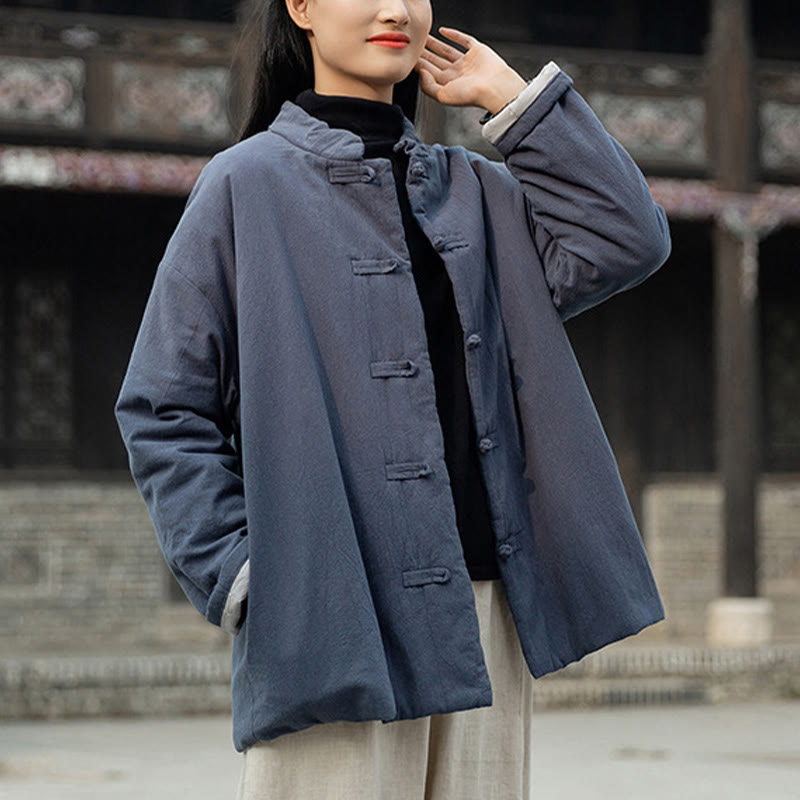 Winter Solid Frog-Button Long Sleeve Cotton Women's Thermal Jacket With Pockets