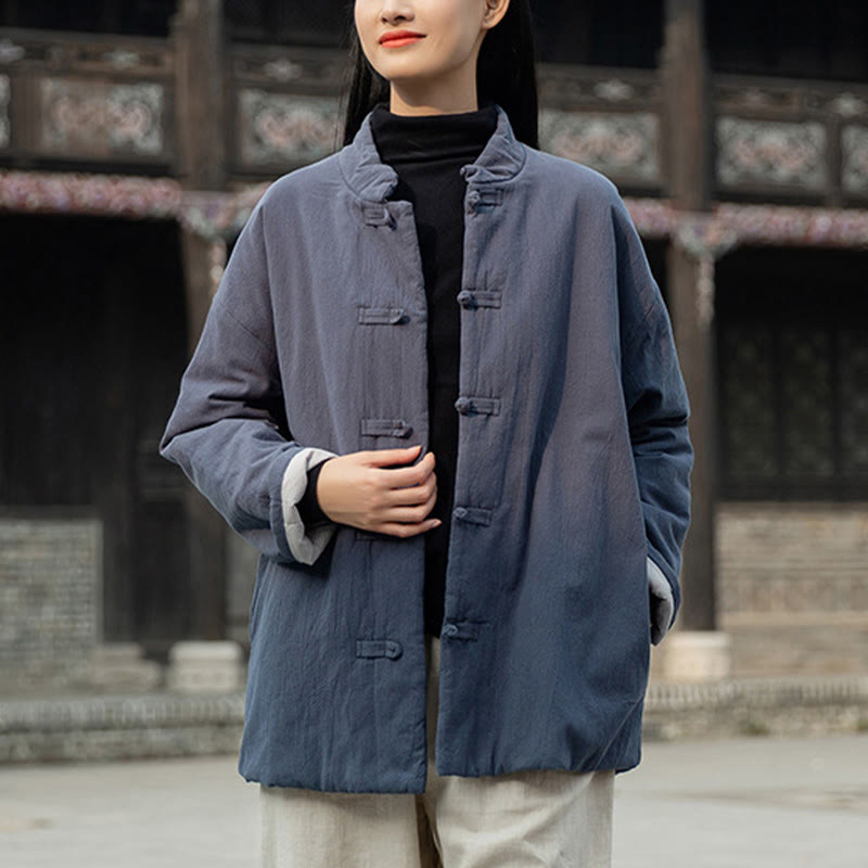 Winter Solid Frog-Button Long Sleeve Cotton Women's Thermal Jacket With Pockets