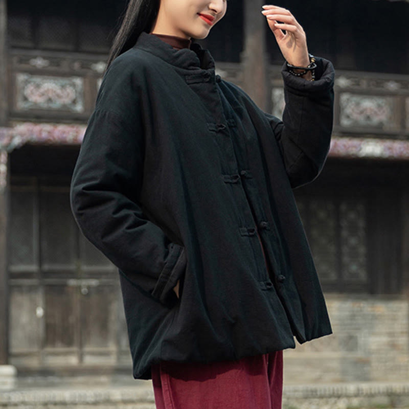 Winter Solid Frog-Button Long Sleeve Cotton Women's Thermal Jacket With Pockets