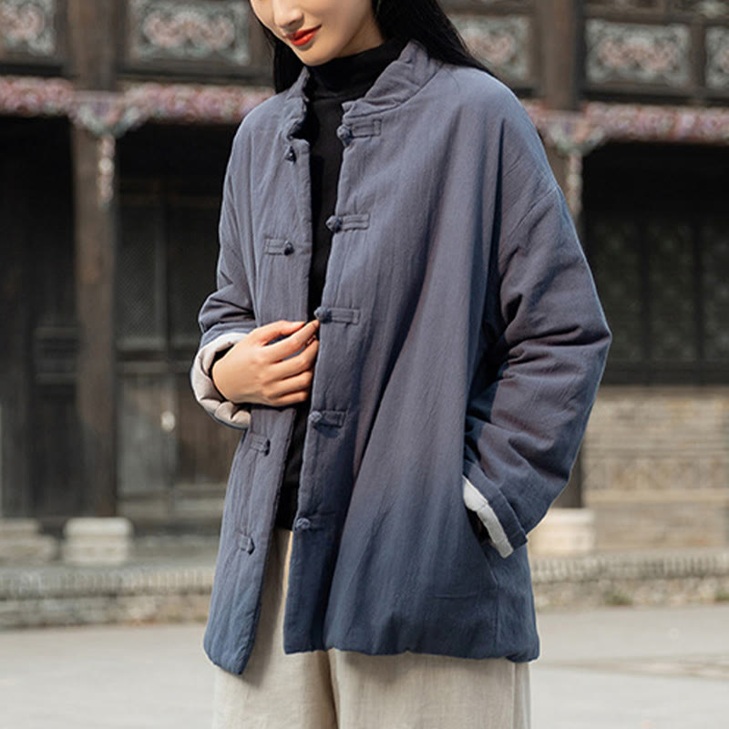 Winter Solid Frog-Button Long Sleeve Cotton Women's Thermal Jacket With Pockets