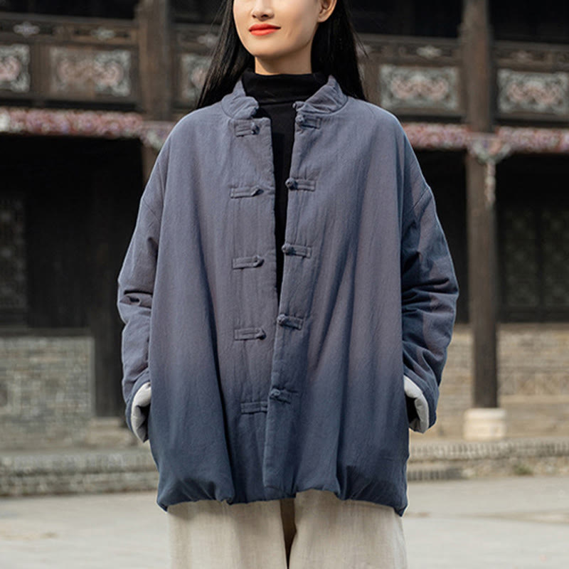 Winter Solid Frog-Button Long Sleeve Cotton Women's Thermal Jacket With Pockets