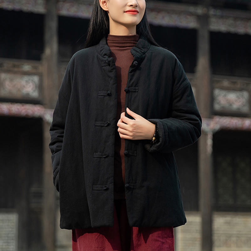 Winter Solid Frog-Button Long Sleeve Cotton Women's Thermal Jacket With Pockets