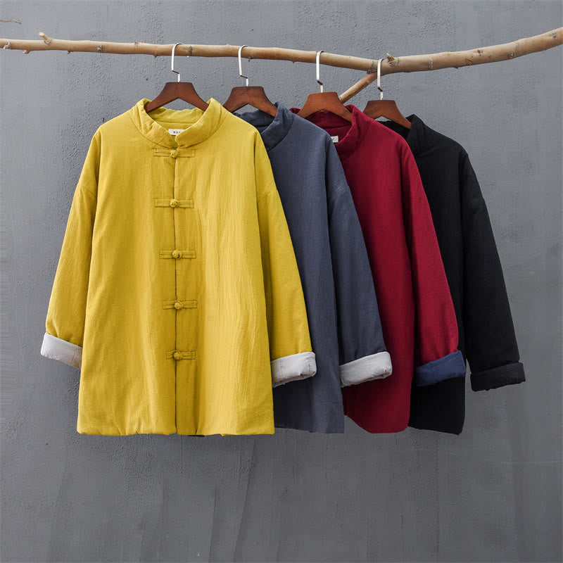 Winter Solid Frog-Button Long Sleeve Cotton Women's Thermal Jacket With Pockets