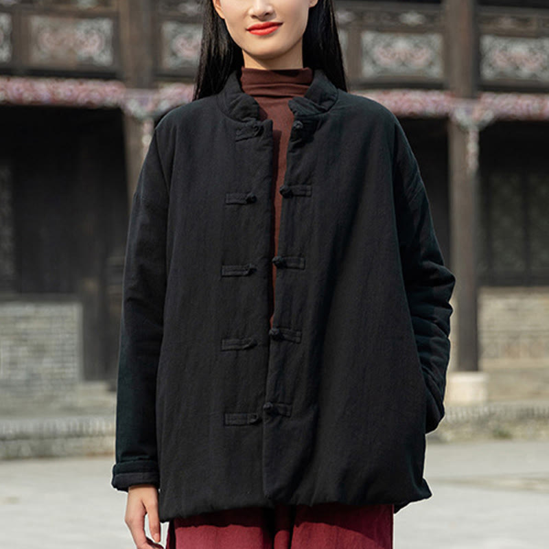 Winter Solid Frog-Button Long Sleeve Cotton Women's Thermal Jacket With Pockets