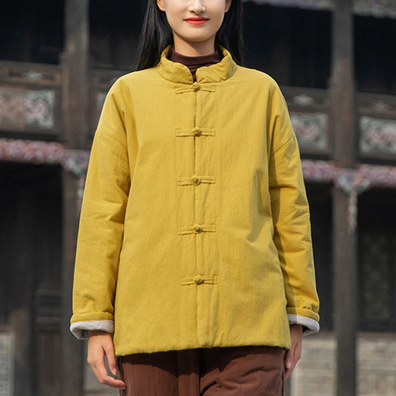 Winter Solid Frog-Button Long Sleeve Cotton Women's Thermal Jacket With Pockets