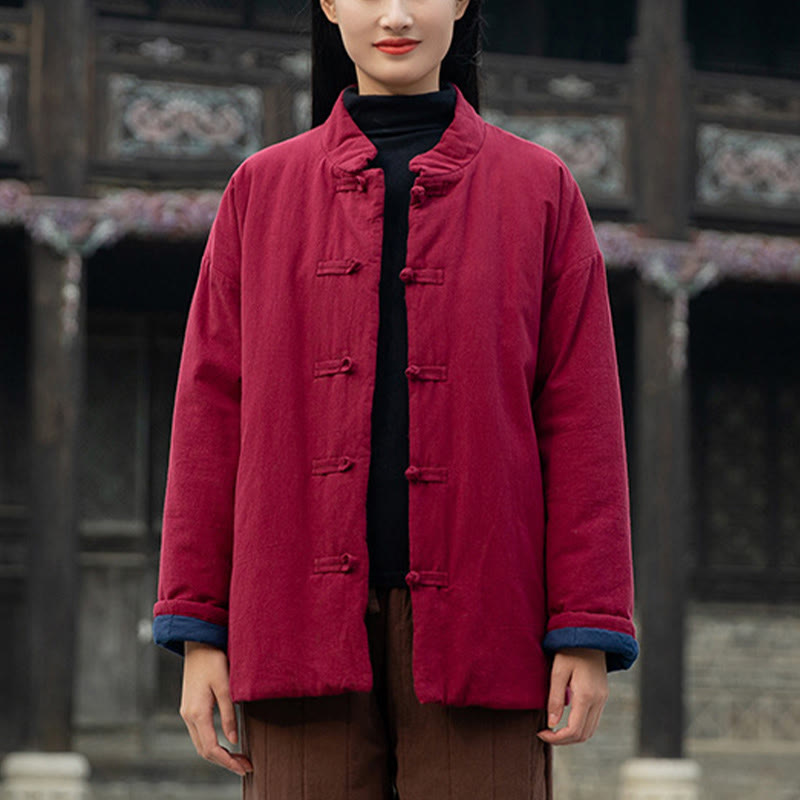 Winter Solid Frog-Button Long Sleeve Cotton Women's Thermal Jacket With Pockets