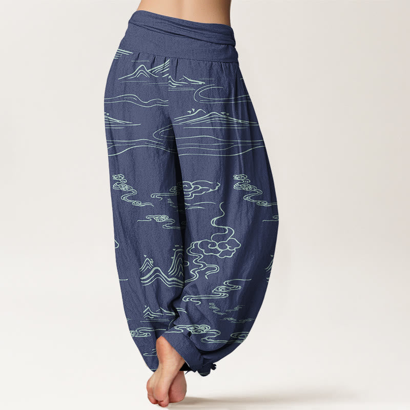Cotton Mountain Moon Auspicious Clouds Pattern Women's Elastic Waist Harem Pants