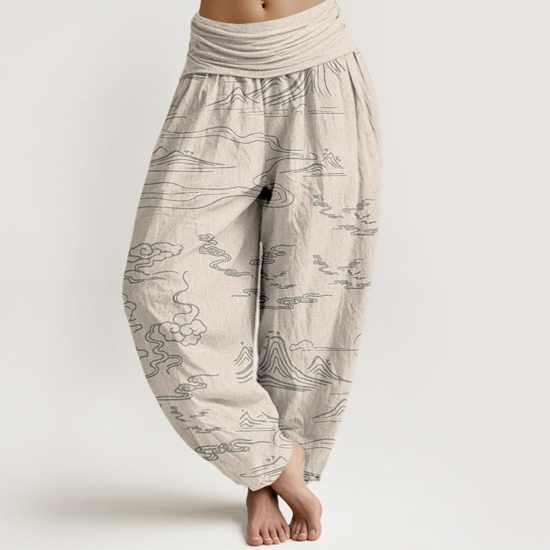 Cotton Mountain Moon Auspicious Clouds Pattern Women's Elastic Waist Harem Pants