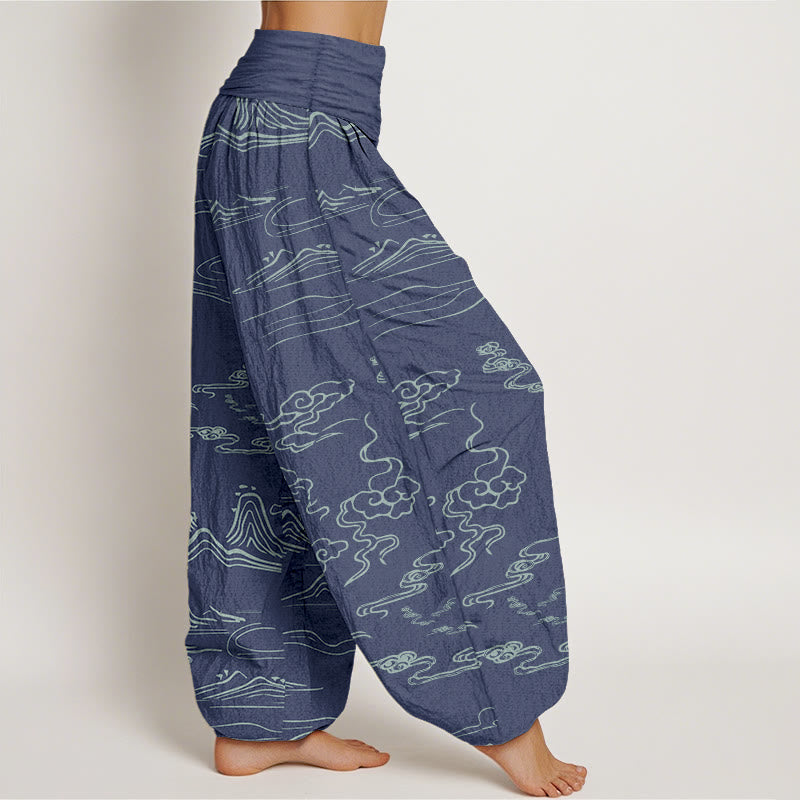 Pure Cotton Mountain Moon Auspicious Clouds Pattern Women's Elastic Waist Harem Pants