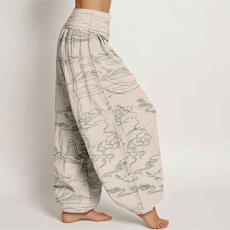 Pure Cotton Mountain Moon Auspicious Clouds Pattern Women's Elastic Waist Harem Pants