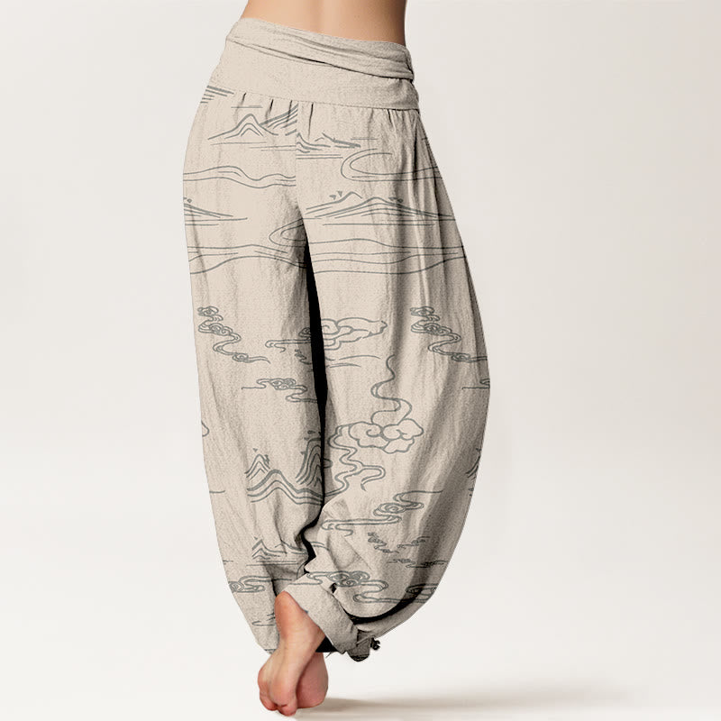 Pure Cotton Mountain Moon Auspicious Clouds Pattern Women's Elastic Waist Harem Pants