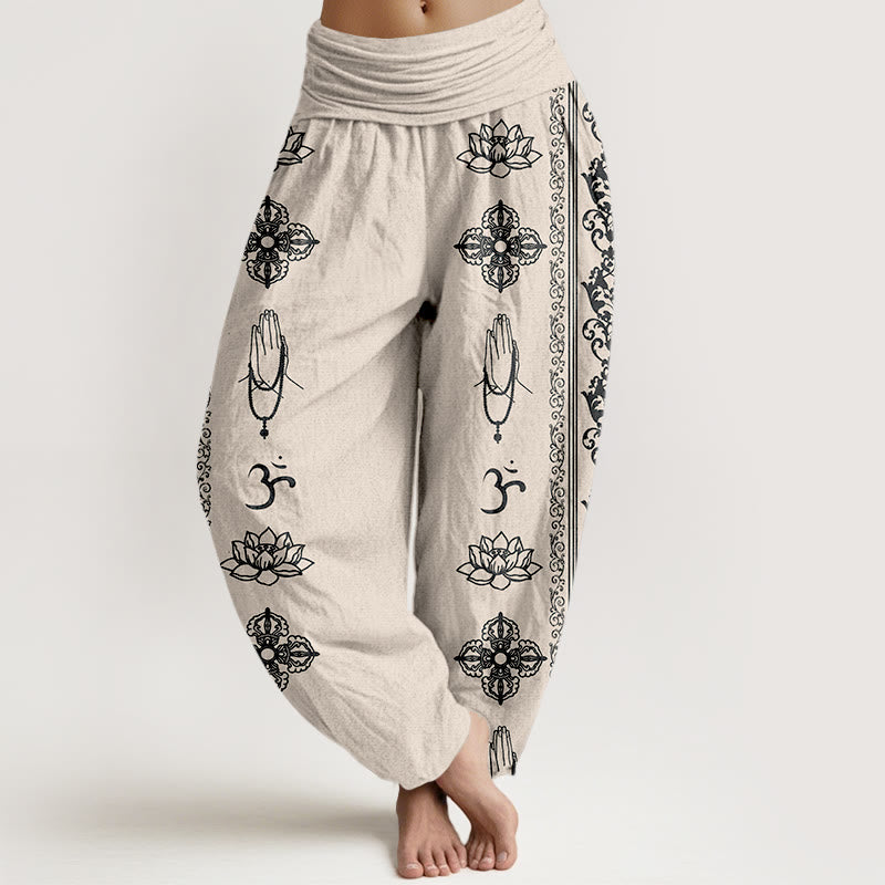 Cotton Lotus Flowers Double Dorje Vajra Namaste Om Design Women's Elastic Waist Harem Pants