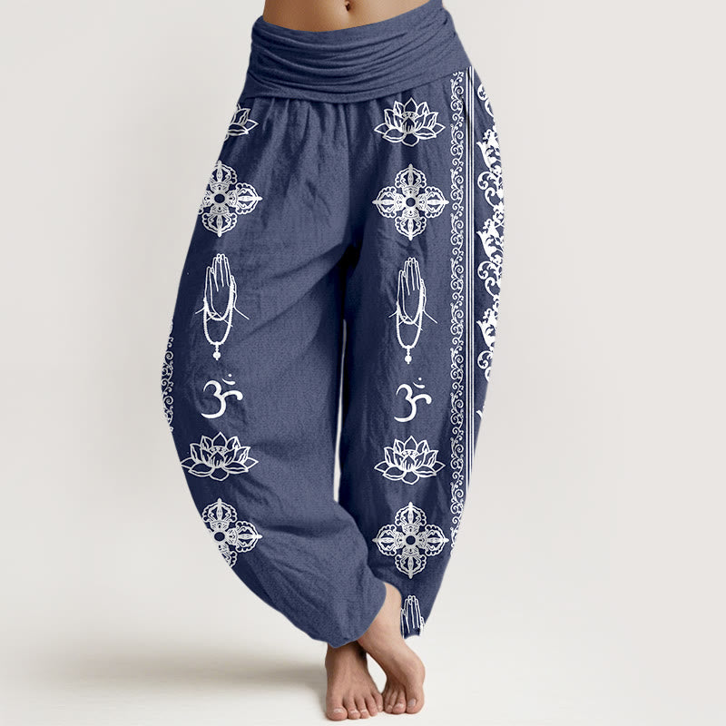 Cotton Lotus Flowers Double Dorje Vajra Namaste Om Design Women's Elastic Waist Harem Pants
