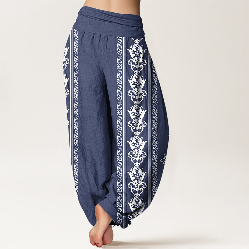 Cotton Lotus Flowers Double Dorje Vajra Namaste Om Design Women's Elastic Waist Harem Pants