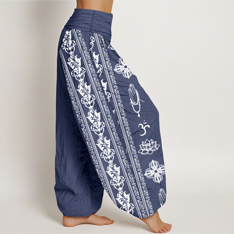 Cotton Lotus Flowers Double Dorje Vajra Namaste Om Design Women's Elastic Waist Harem Pants