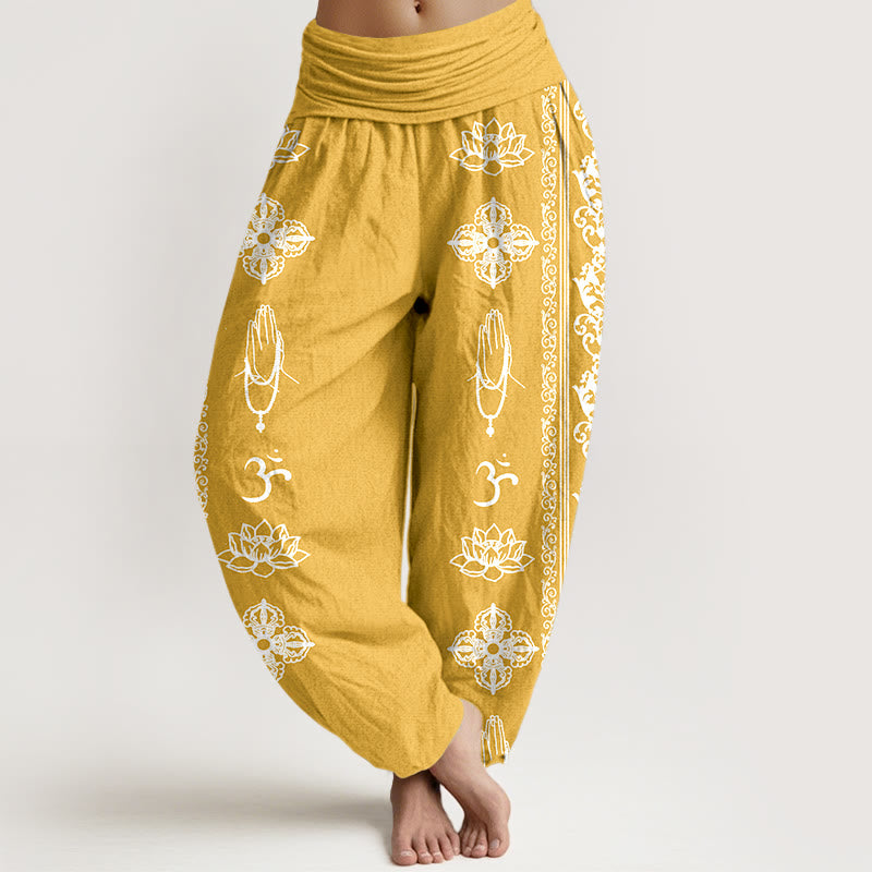 Cotton Lotus Flowers Double Dorje Vajra Namaste Om Design Women's Elastic Waist Harem Pants