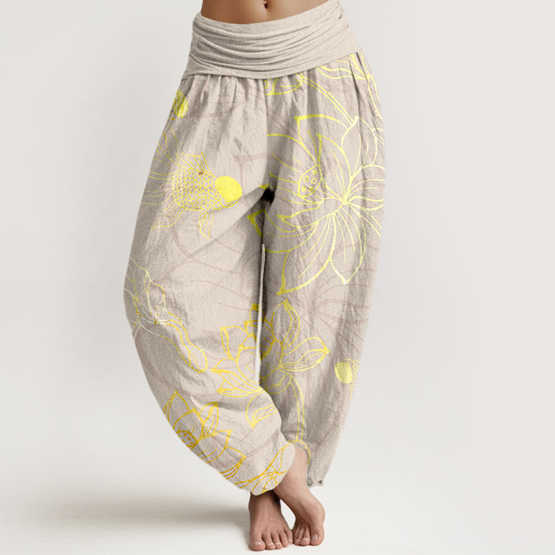 Cotton Lotus Leaf Koi Fish Women's Elastic Waist Harem Pants
