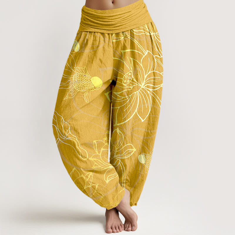 Pure Cotton Lotus Leaf Koi Fish Women's Elastic Waist Harem Pants