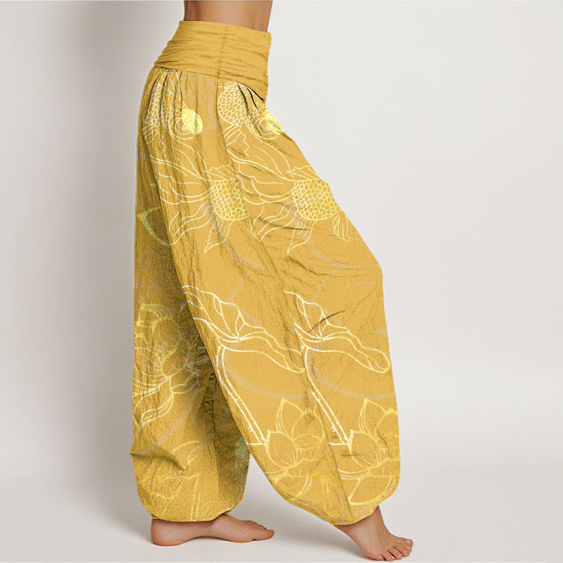 Pure Cotton Lotus Leaf Koi Fish Women's Elastic Waist Harem Pants