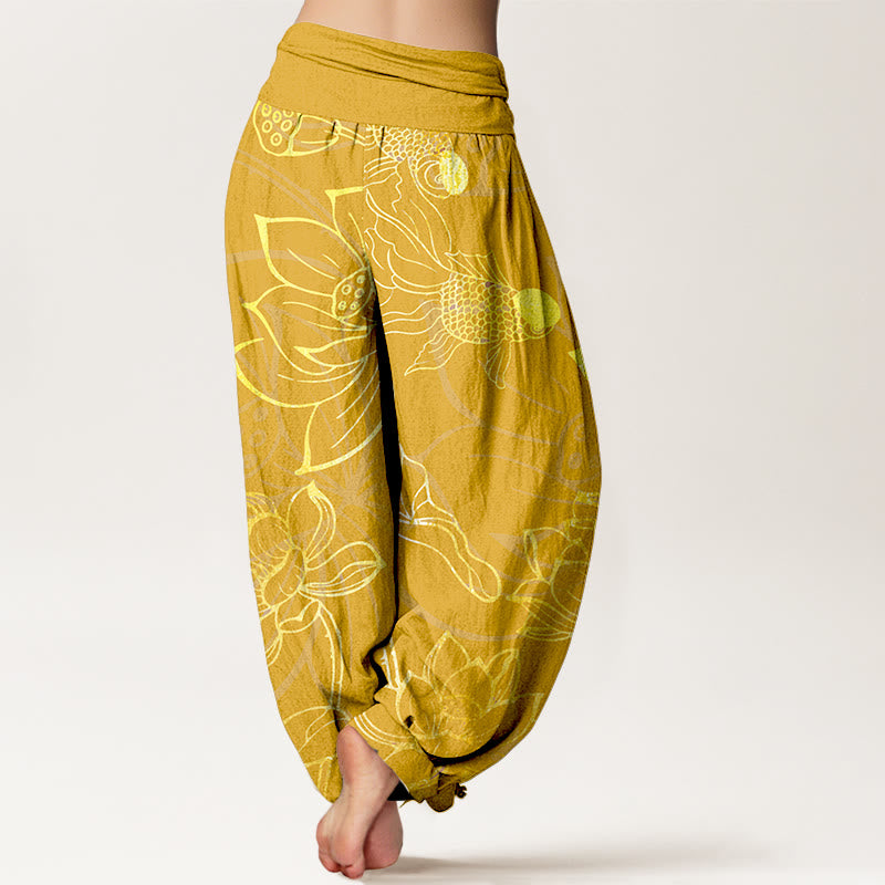 Pure Cotton Lotus Leaf Koi Fish Women's Elastic Waist Harem Pants