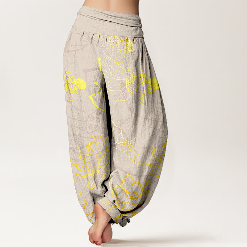 Pure Cotton Lotus Leaf Koi Fish Women's Elastic Waist Harem Pants