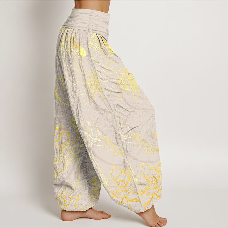 Pure Cotton Lotus Leaf Koi Fish Women's Elastic Waist Harem Pants