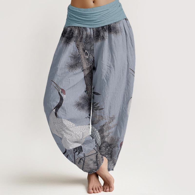 Cotton Casual Red-crowned Crane Pine Tree Mountain Women's Elastic Waist Harem Pants