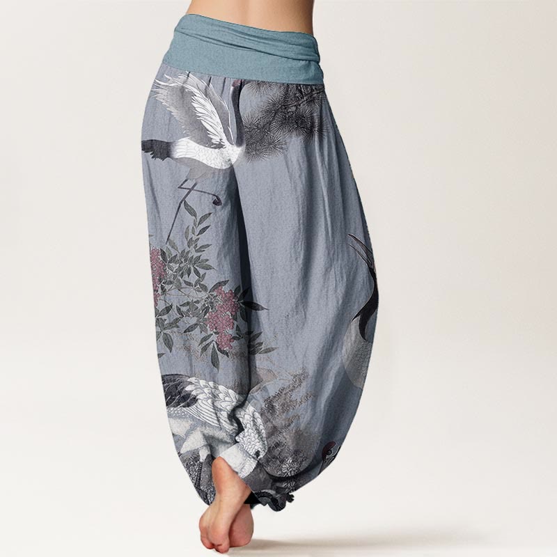 Cotton Casual Red-crowned Crane Pine Tree Mountain Women's Elastic Waist Harem Pants