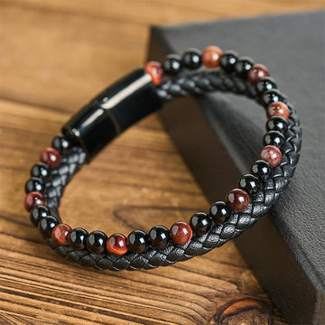 Black Onyx Tiger Eye Titanium Steel Leather Protection Bracelet