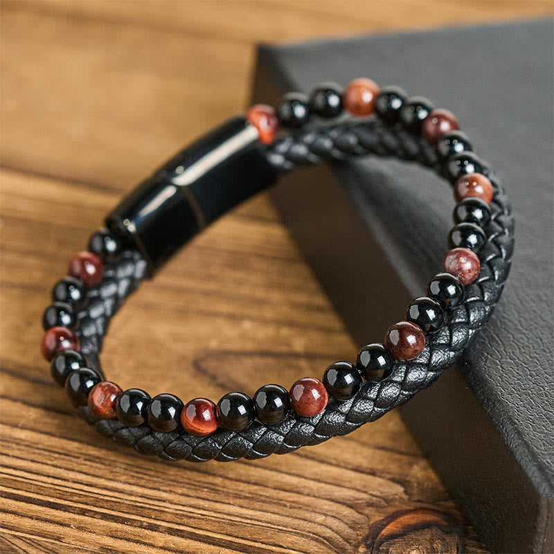 Black Onyx Tiger Eye Titanium Steel Leather Protection Bracelet