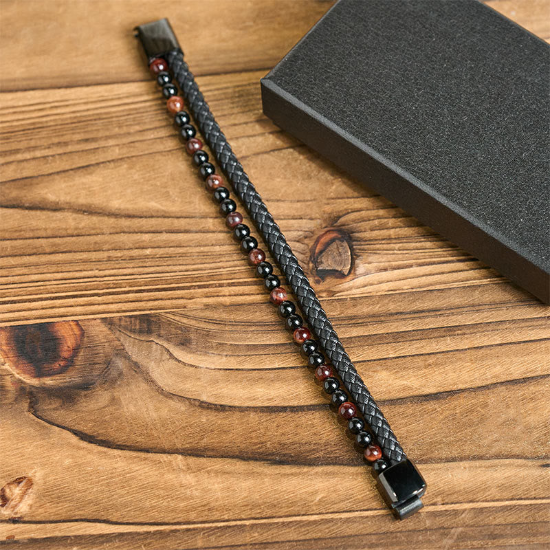 Black Onyx Tiger Eye Titanium Steel Leather Protection Bracelet