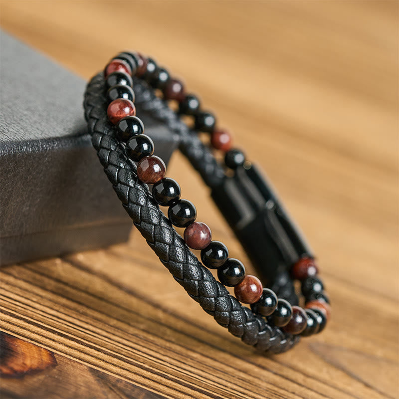 Black Onyx Tiger Eye Titanium Steel Leather Protection Bracelet