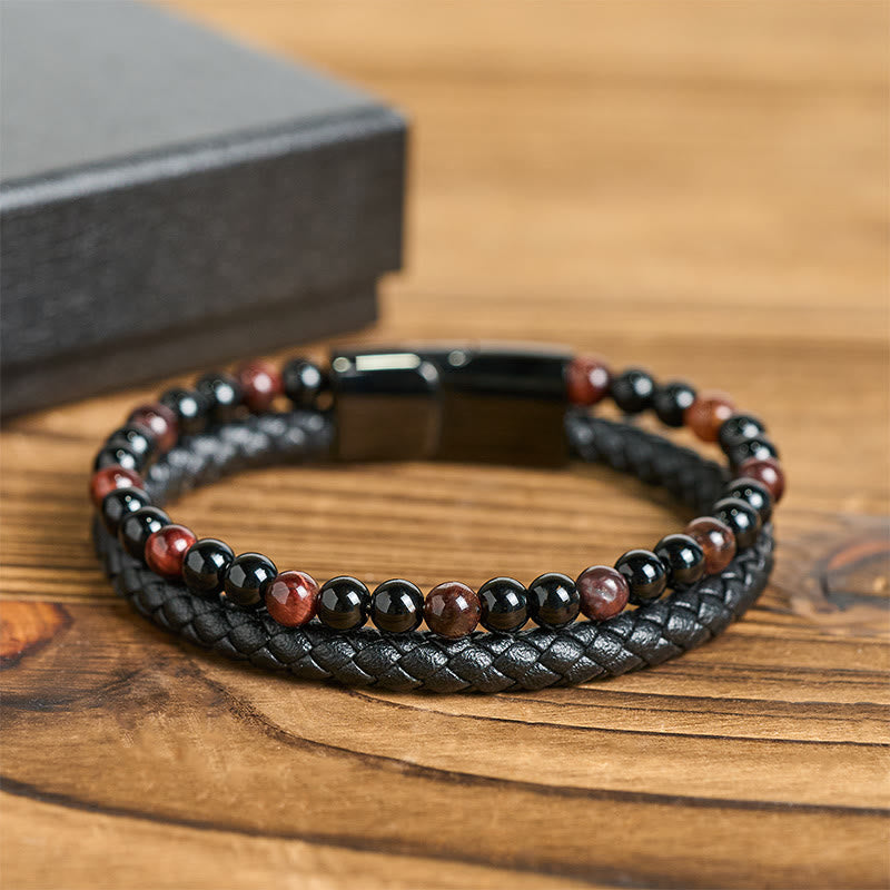 Black Onyx Tiger Eye Titanium Steel Leather Protection Bracelet