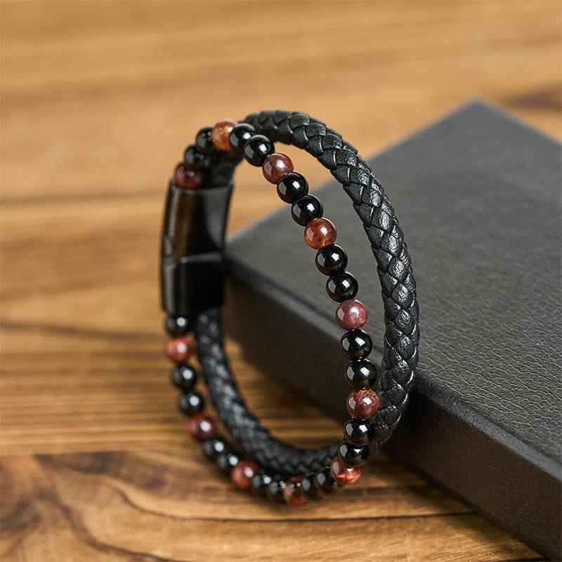 Black Onyx Tiger Eye Titanium Steel Leather Protection Bracelet