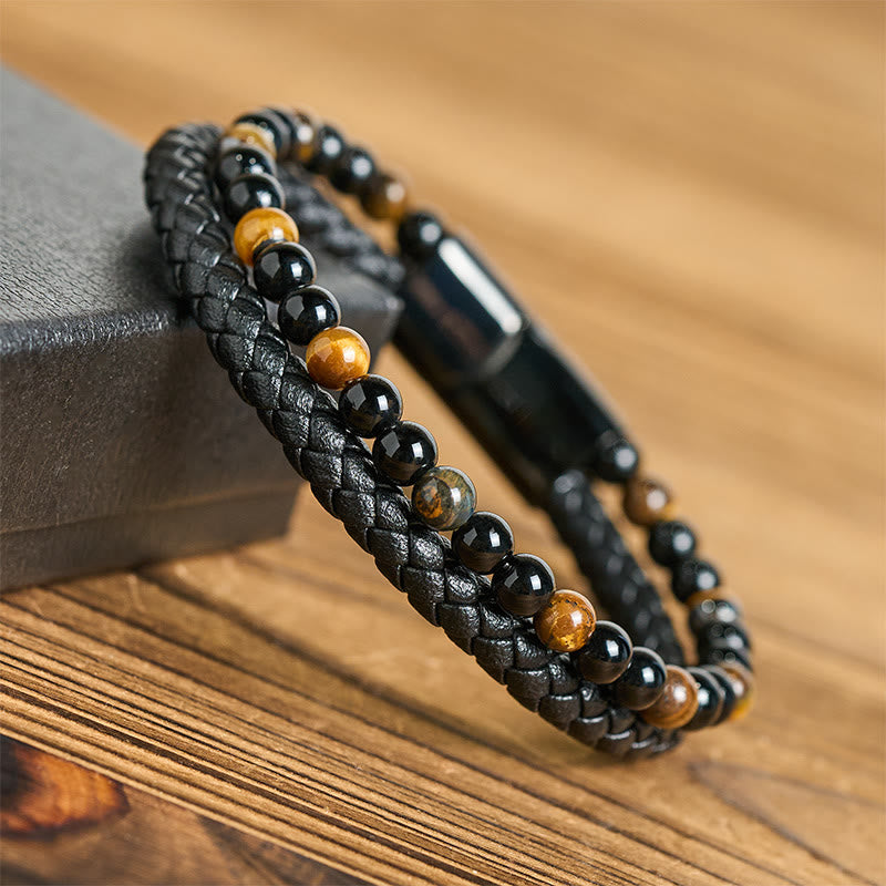 Black Onyx Tiger Eye Titanium Steel Leather Protection Bracelet